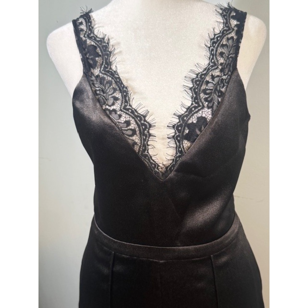 Zac Posen Black Satin Eyelash Lace Wide Leg Jumpsuit Size 4 Closed Label - Picture 2 of 8